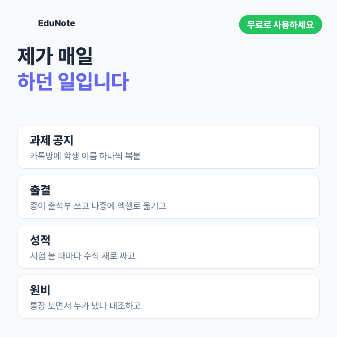 수업 후 반별 카톡방에 과제를 옮겨 적던 반복 작업을 설명하는 카드