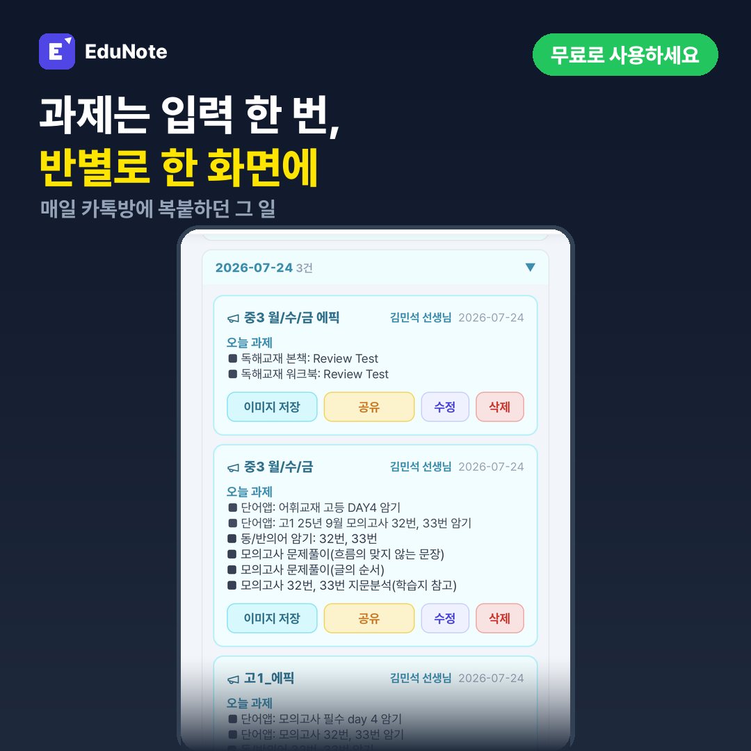 날짜별로 접히는 과제 목록 — 반 이름, 담당 선생님, 오늘 과제 항목과 이미지 저장·공유·수정·삭제 버튼이 있는 실제 화면