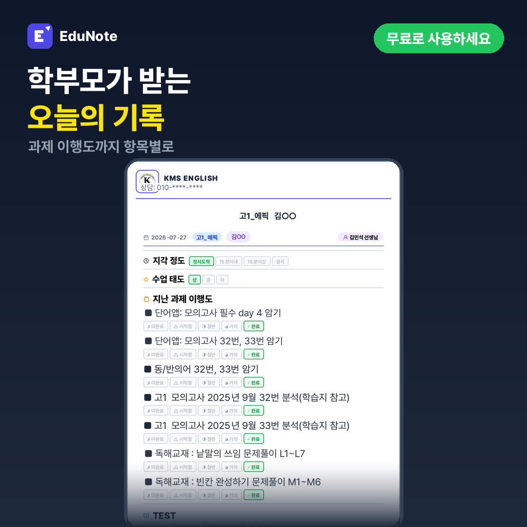 학부모가 받는 일일 학습기록 — 지각 정도, 수업 태도, 지난 과제 이행도가 항목별 다섯 단계로 표시된 실제 화면